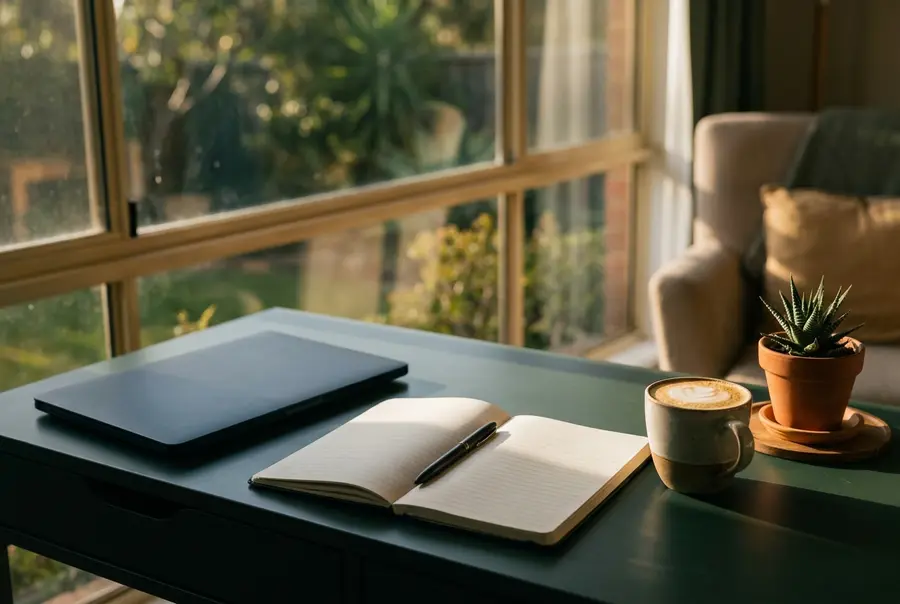 A tidy home-office desk with a notebook, coffee and a closed laptop by a bright window