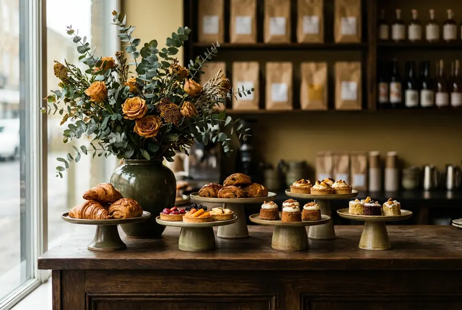 A cafe counter displaying artisan pastries and fresh flowers