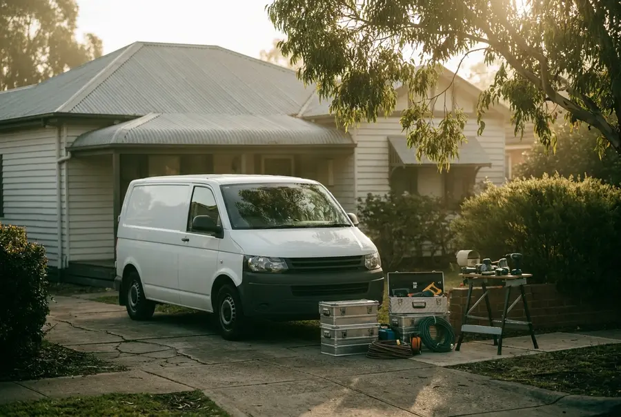 A service business van parked outside a suburban Australian home