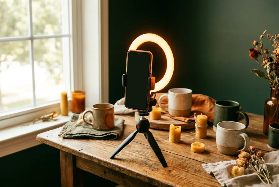 A smartphone on a small tripod with a ring light, set up to film products