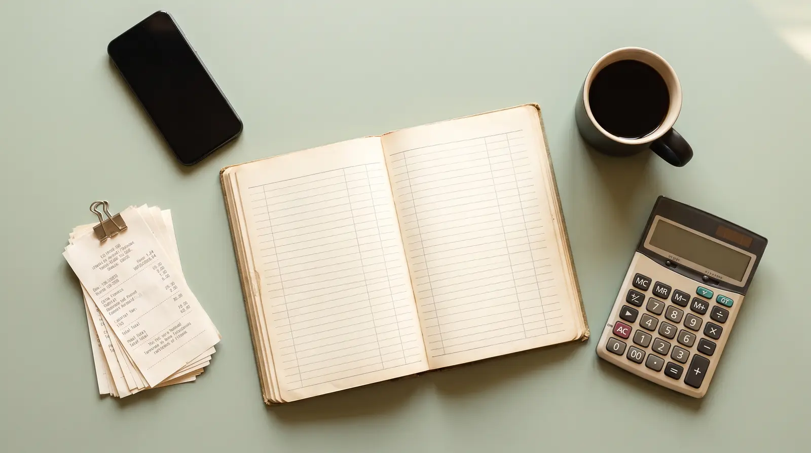 A flat lay of a ledger notebook, receipts, calculator and phone on a pale green desk