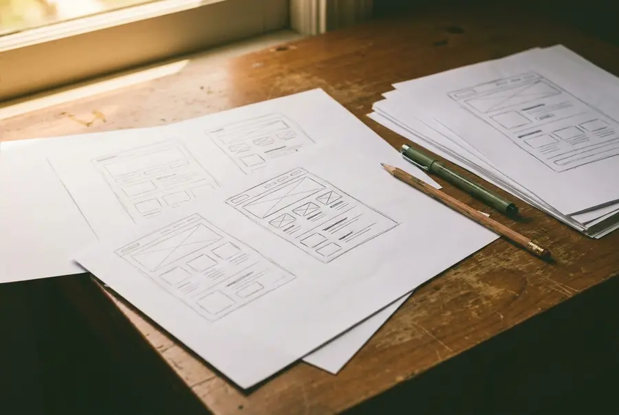 Hand-sketched webpage wireframe layouts on paper with a pencil